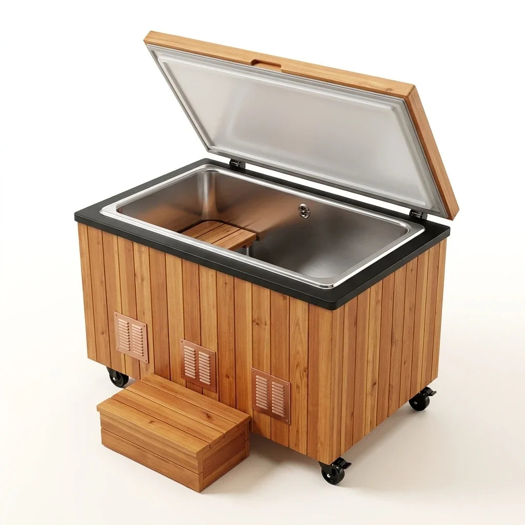 Cold Plunge Tub Engineered for Daily Recovery, Cedar Cabinet, Stainless Steel Basin, 1.5HP Chiller to 35°F — Studio Shot