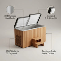 Cold Plunge Tub Engineered for Daily Recovery, Cedar Cabinet, Stainless Steel Basin, 1.5HP Chiller to 35°F — infographic